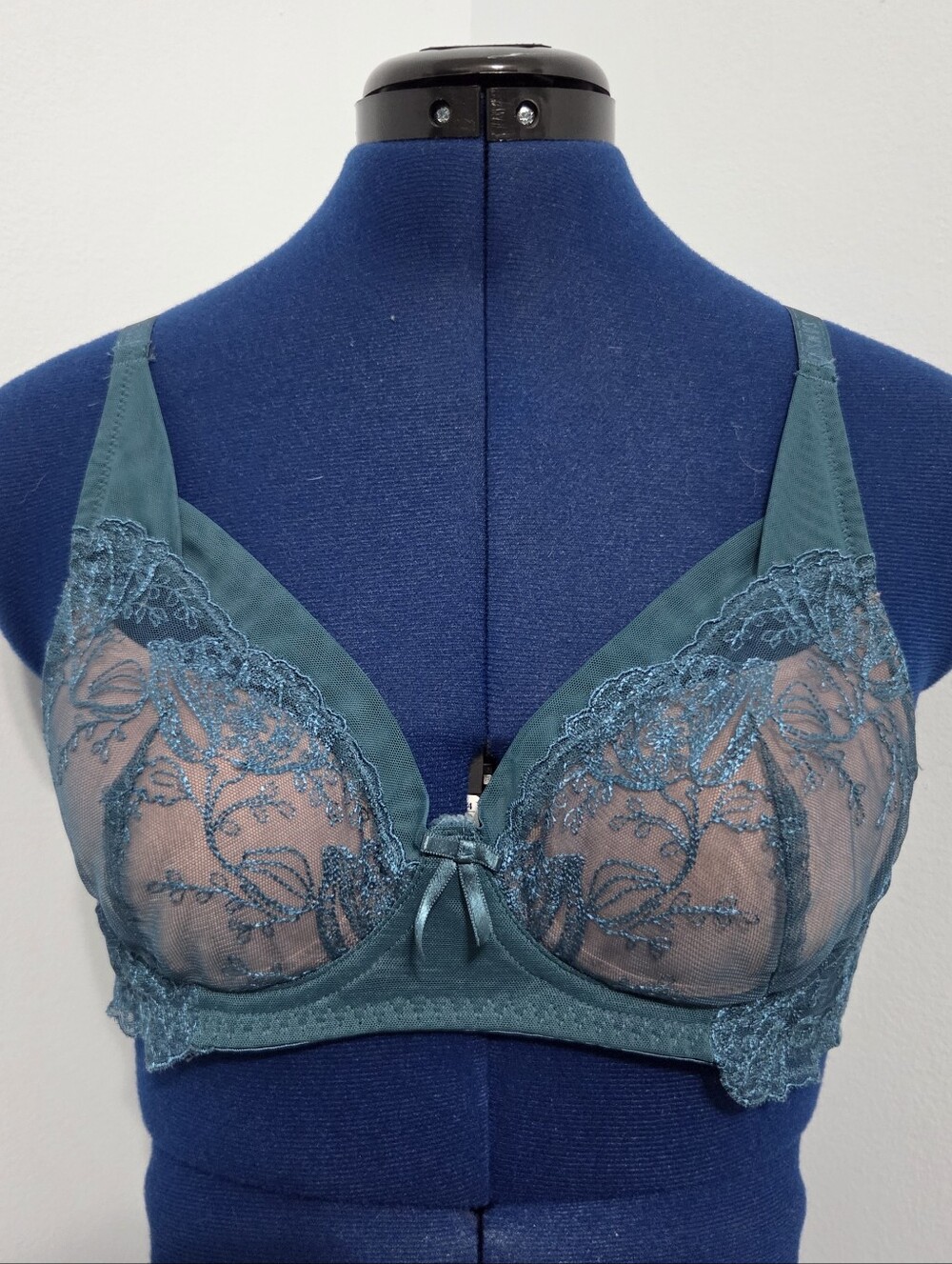 Sheer Teal Lace Mesh Bra Size 38A